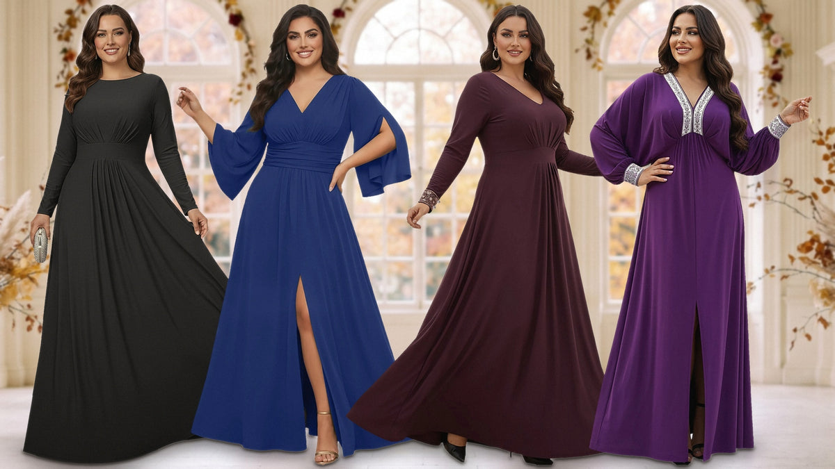 KOH KOH fall collection: four long sleeve maxi dresses in black, cobalt blue, plum and purple