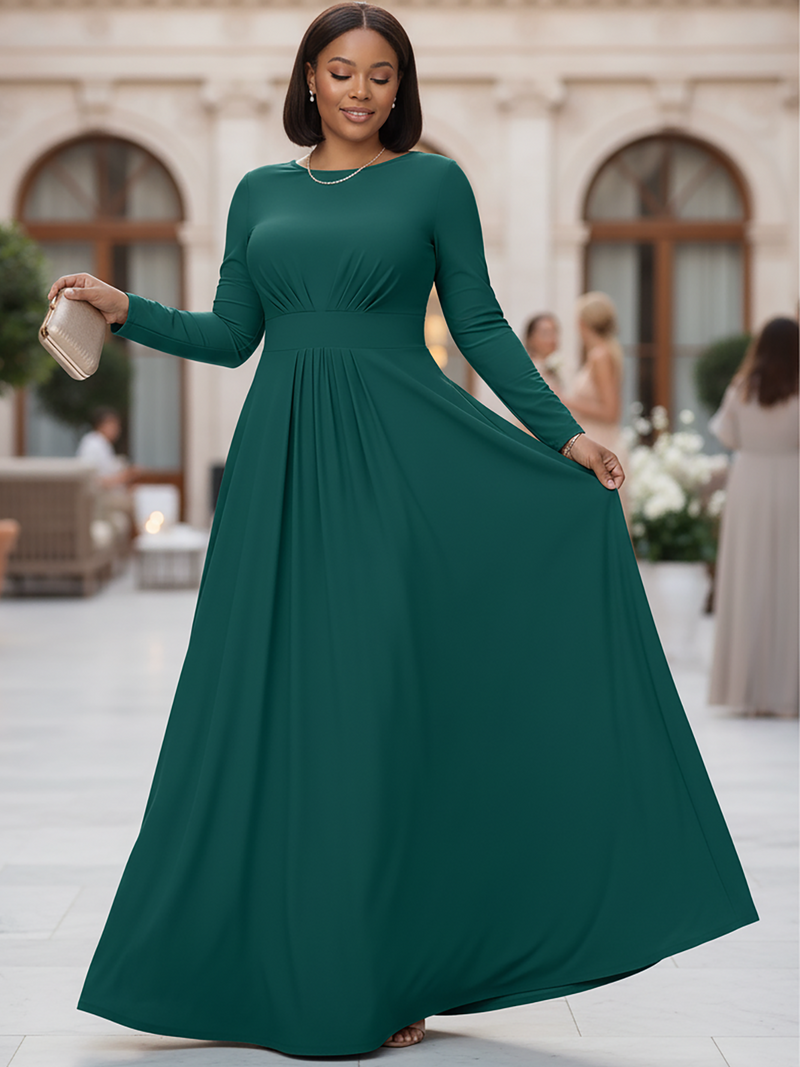 KOH KOH Women's Long Sleeve Maxi Dress Flowy Empire Waist Fall Winter — NT009J Emerald Green 2