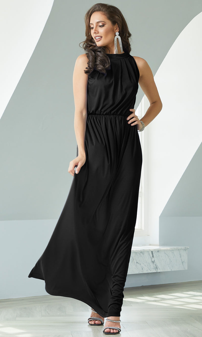 KOH KOH Women's Halter Neck Maxi Dress Sleeveless Elegant Bridesmaid — NT012 Black