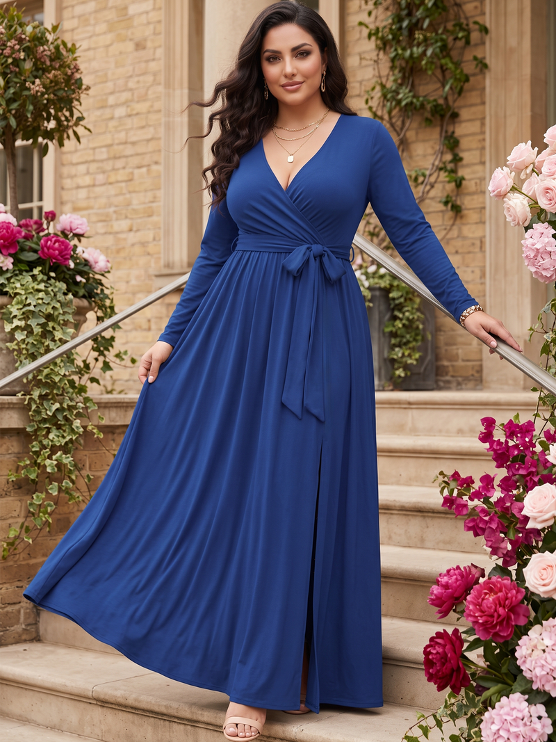 KOH KOH Women's Long Sleeve V-Neck High Slit Maxi Dress Cocktail Evening Gown Wedding Guest Formal — NT176 Cobalt Royal Blue 3