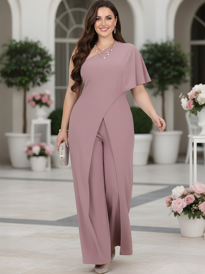 KOH KOH Women's One Off Shoulder Jumpsuit Asymmetric Long Pant Romper — NT492 Dusty Pastel Pink 3