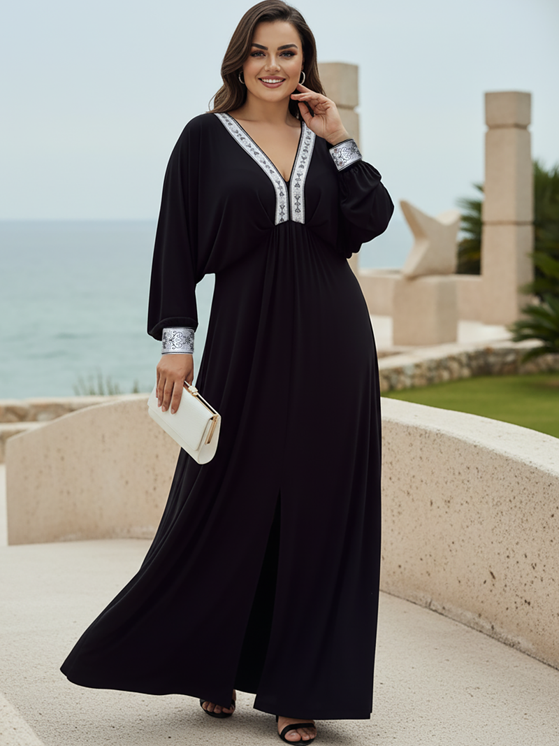 KOH KOH Women's Long Sleeve Maxi Dress Bridesmaid Elegant Evening — NT557 Black & Silver 2