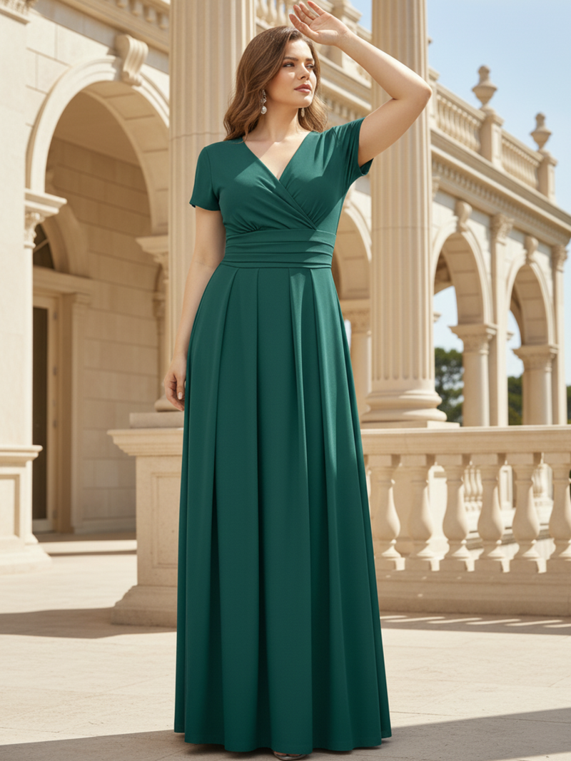 KOH KOH Women's Long Pleated Maxi Dress Cap Sleeve Faux Wrap V-Neck — NT564 Emerald Green 2