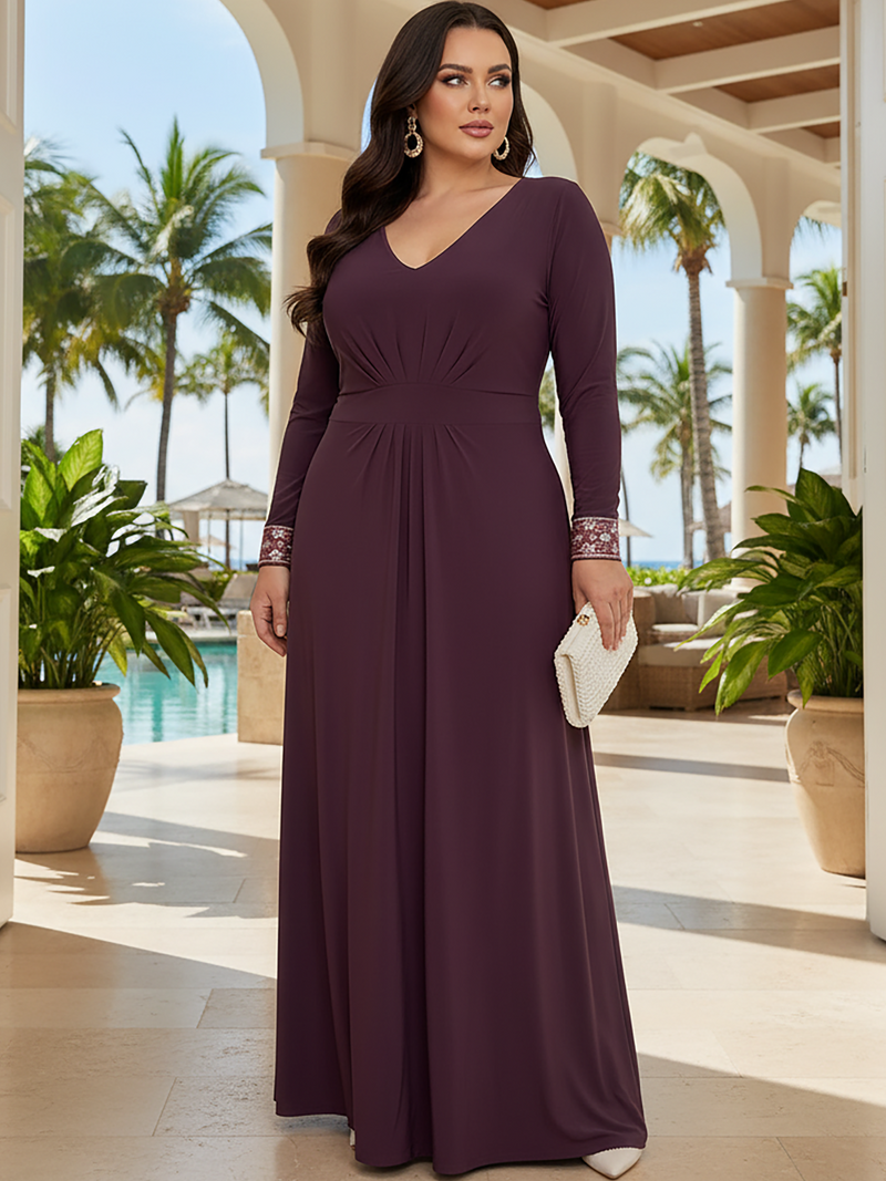 KOH KOH Women's Long Sleeve Maxi Dress Goddess A-Line Pleated Flowy — NT572 Sangria Wine 2